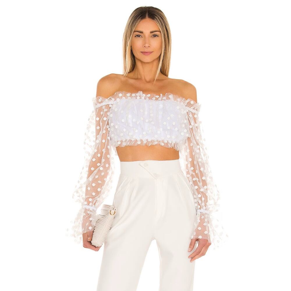 Majorelle Baby Bye Bye Top White Polka Dot Sheer Crop Top Revolve NEW
